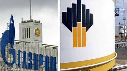 Le logo Gazprom à Moscou et&nbsp;le logo de Rosneft dans une raffinerie de pétrole de la ville de Gubkinsky, en Russie.
 (NEMENOV/THOUVENOT / AFP)