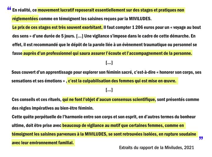 Extraits du rapport 2022 de la Miviludes concernant les stages de "Féminin Sacré". (MIVILUDES)