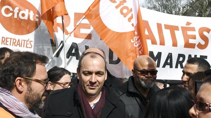 Laurent Berger, N°1 de la CFDT lors d'une manifestation pour la défense des salariés d'Ehpad, le 15 mars 2018. (ALAIN JOCARD / AFP)