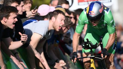 Wout van Aert en plein effort à quelques mètres de l'arrivée du contre-la-montre à Montluçon, sur Paris-Nice, le 9 mars 2022. (FRANCK FIFE / AFP)