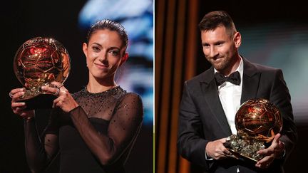 Aitana Bonmati et Lionel Messi avec leur Ballon d'or lors de la cérémonie de l'édition 2023, au théâtre du Châtelet, à Paris, le 30 octobre. (AFP)