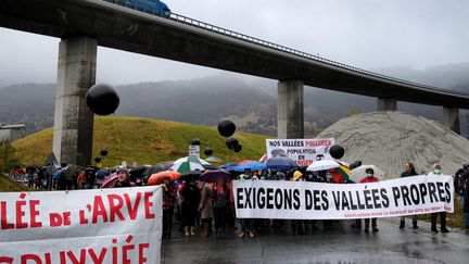 Des manifestants défilent contre la pollution dans la Vallée de l'Arve, à Passy (Haute-Savoie), en novembre 2016 (GR?GORY YETCHMENIZA / MAXPPP)