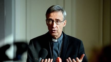 L'archevêque de Lyon, Mgr Olivier de Germay, lors d'une conférence de presse au sujet de l'affaire du père Louis Ribes, le 19 janvier 2022 à Lyon. (MAXPPP)