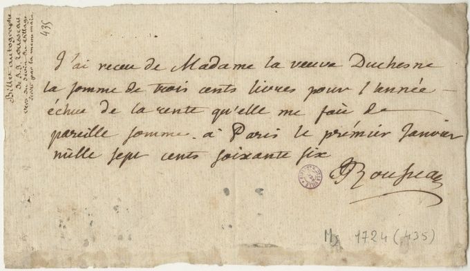 Jean-Jacques Rousseau, reçu autographe signé à la veuve Duchesne, Paris 1766
 (Collection Bibliothèque municipale de Lyon)