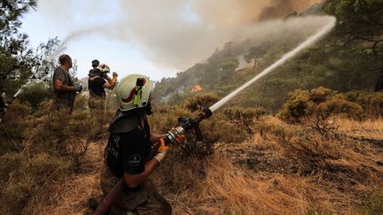 Des pompiers tentent d'éteindre un incendie de forêt dans la province de Mugla, en Turquie, le 1er août 2021. (MAHMUT SERDAR ALAKUS / ANADOLU AGENCY / AFP)