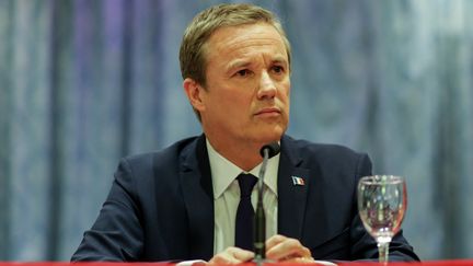 Nicolas Dupont-Aignan lors d'une conférence de presse commune avec Marine Le Pen, samedi 29 avril 2017.&nbsp; (CITIZENSIDE/SADAK SOUICI / CITIZENSIDE / AFP)