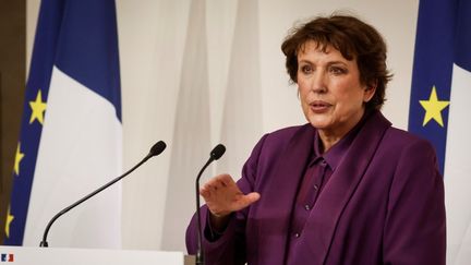 La ministre de la Culture Roselyne Bachelot en conférence de presse à l'Hotel Matignon&nbsp;le 22 octobre 2020. (LUDOVIC MARIN / AFP)