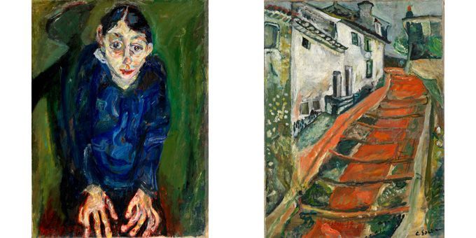 Chaïm Soutine - A gauche, La Folle, c. 1919, Collection privée - A droite, L&#039;Escalier rouge à Cagnes, c. 1918, Collection privée
 (A gauche, © Adagp, Paris 2012 © Photo : Pinacothèque de Paris / Fabrice Gousset - A droite © Adagp, Paris 2012 © Photo : Pinacothèque de Paris / Fabrice Gousset)