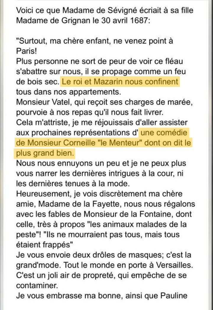 Une lettre attribuée à Madame de Sévigné, datant du 30 avril 1687, qui a été massivement partagée sur les réseaux sociaux, début mai 2020. (CAPTURE ECRAN FACEBOOK)