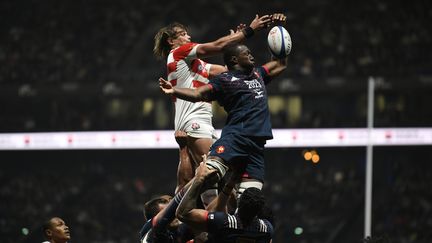 Le rugbyman français Sekou Macalou à la lutte avec Wimpie Vanderwalt, lors du test-match France-Japon, le 25 novembre à la U Arena de Nanterre (Hauts-de-Seine). (LIONEL BONAVENTURE / AFP)