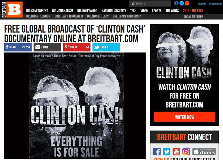 Le site Breitbart diffuse "Clinton Cash", un documentaire qui met Hillary Clinton et son mari Bill. (BREITBART)