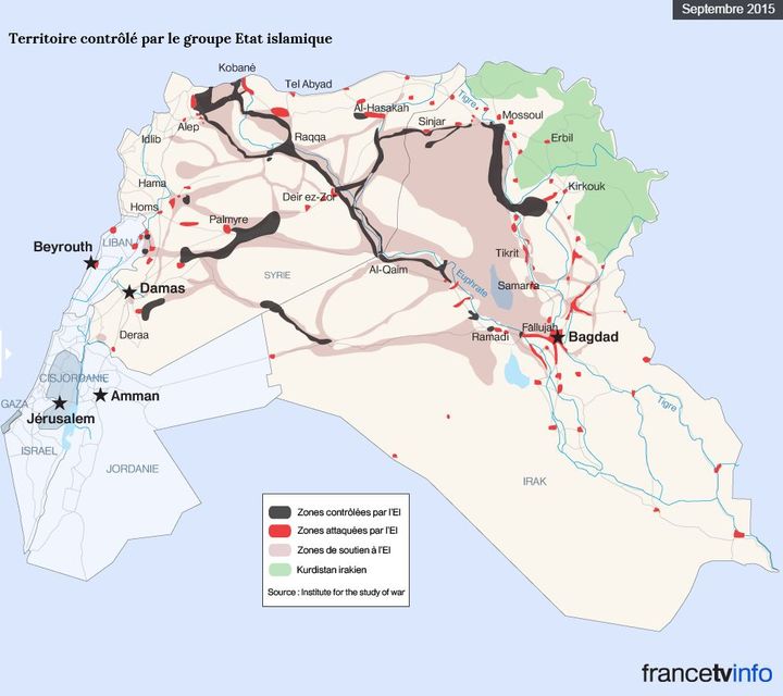 L'avancement du groupe Etat islamique, d&eacute;but septembre 2015. (FRANCETV INFO)