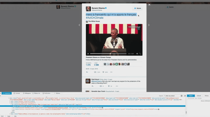 Capture d'écran du tweet de Barack Obama modifié avec l'éditeur de HTML. (FRANCEINFO)