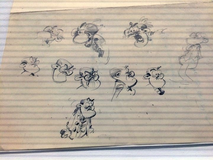 Croquis préparatoires montrant le personnage de Boulier, le comptable
 (Franquin / Spirou)