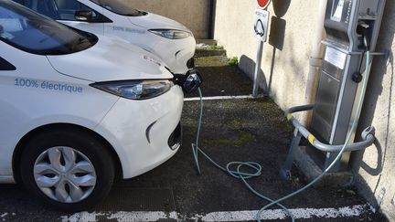 Une voiture électrique en charge sur le parking du conseil départemental du Gers, le 18 février 2017 à Auch. (PASCAL PAVANI / AFP)