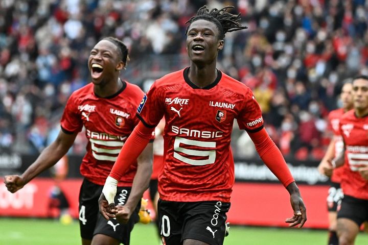 Le milieu de terrain Eduardo Camavinga lors de sa troisième saison professionnelle avec le Stade Rennais contre Montpellier, le 29 août 2020. (DAMIEN MEYER / AFP)