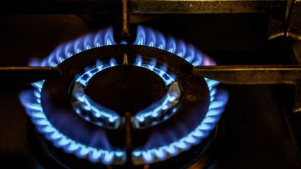 &nbsp;Une plaque de cuisson au gaz est allumée, en France, le 2 novembre 2021. (ERIC BERACASSAT / HANS LUCAS / AFP)