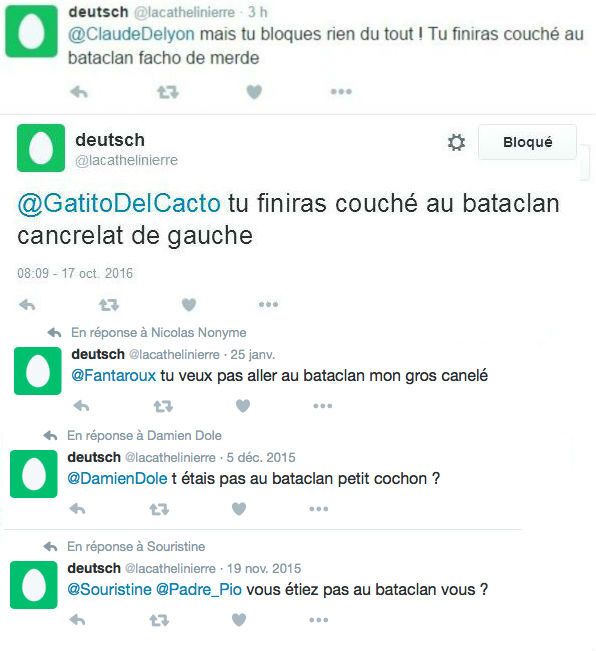 Capture d'écran des réponses de&nbsp;@lacathelinierre, un compte appartenant à Lorànt Deutsch selon Buzzfeed.&nbsp; (BUZZFEED)