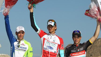 Peter Velits vainqueur, Vincenzo Nibali 2e, Tony Gallopin 3e, le podium du Tour d'Oman 2012