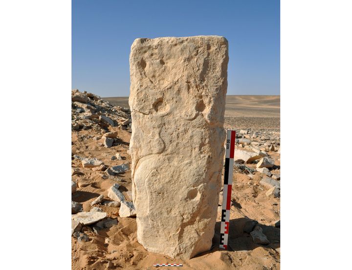 Une pierre découverte à Jibal al-Khashabiyeh, à l'est d'Al-Kafr, en Jordanie. Dessus a été gravé le plan d'un "cerf-volant du désert", structure complexe servant à la chasse, il y a environ 9 000 ans. (HANDOUT / SEBAP & CRASSARD / PLOS ONE / AFP)