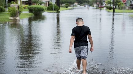 Des pluies torrentielles se sont abattues en quelques heures sur le Texas. A Galveston, comme dans de nombreuses autres villes de l'Etat, les rues sont inondées. (BRENDAN SMIALOWSKI / AFP)