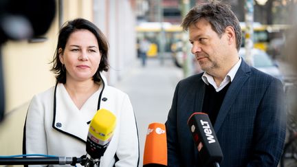 Les deux dirigeants des Verts allemands, Annalena Baerbock et Robert Habeck, lors d'un point presse le 20 janvier 2020 à Berlin (Allemagne).&nbsp; (KAY NIETFELD / DPA / AFP)