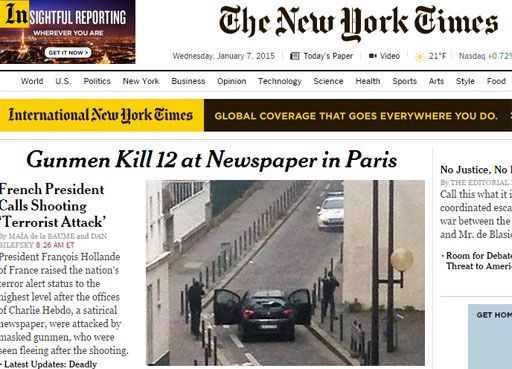 La Une du New York Times après l'attentat contre Charlie Hebdo, le 7 janvier 2015. (Dr)