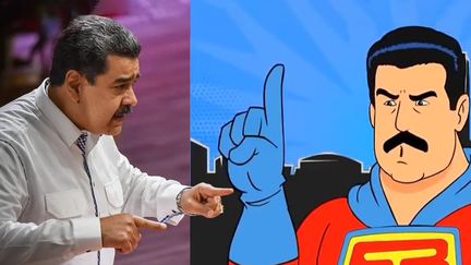 Le héros du dessin animé "Super Moustache" a les traits du président vénézuélien&nbsp;Nicolás Maduro&nbsp; (ADALBERTO ROQUE / AFP ET CAPTURE D'ÉCRAN DU DESSIN ANIMÉ "SUPER MOUSTACHE")