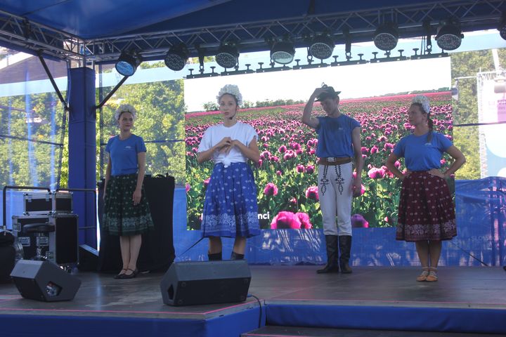 Un groupe de danse traditionnelle anime l'après-midi à la maison de la Slovaquie, le 5 août 2024. (CLEMENT PARROT / FRANCEINFO)