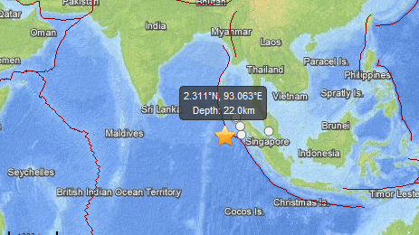 Le s&eacute;isme s'est produit au large de l'&icirc;le de Sumatra (Indon&eacute;sie), comme le montre cette carte de l'Institut am&eacute;ricain de g&eacute;ophysique (l'&eacute;picentre est repr&eacute;sent&eacute; par l'&eacute;toile jaune). (USGS / FTVI)