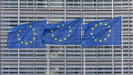 Les drapeaux européens devant le bâtiment de la Commission européenne à Bruxelles, le 21 octobre 2022. (NICOLAS ECONOMOU / NURPHOTO / AFP)