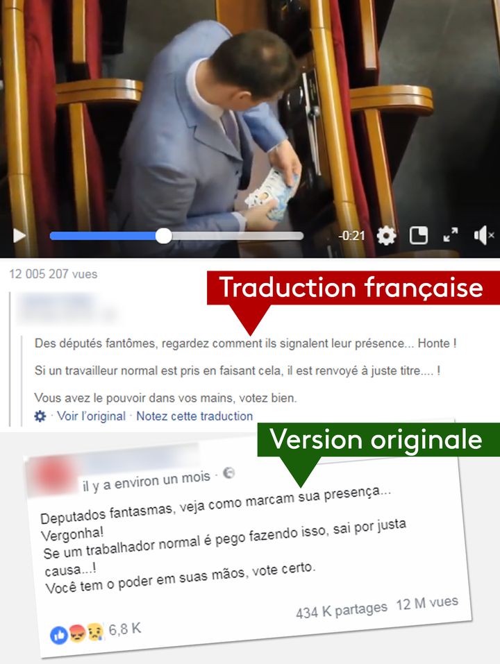 Texte de la publication en français et traduction portugaise (automatique) de la publication originale. (CAPTURE ECRAN / FACEBOOK / RADIOFRANCE)