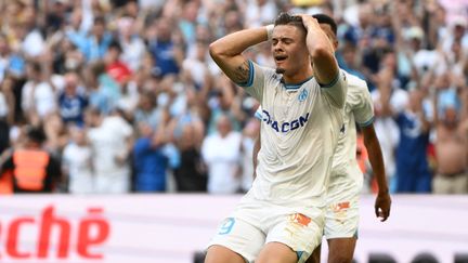 Vitinha lors de la victoire de Marseille contre Reims (2-1), le 12 août 2023 au stade Vélodrome. (CHRISTOPHE SIMON / AFP)