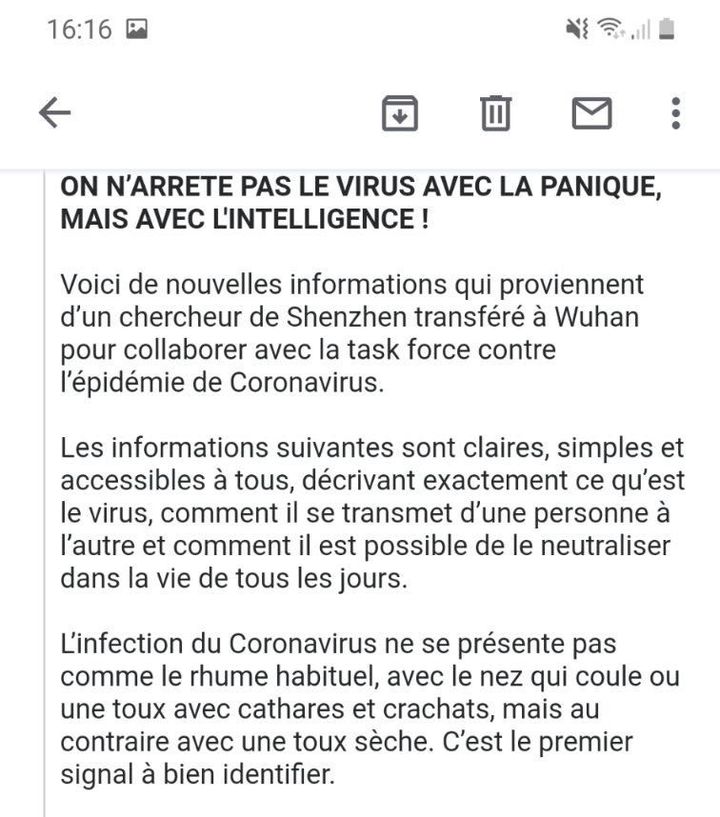 Capture d'écran d'un mail propageant de faux conseils pour se protéger du Covid-19. (FRANCEINFO)