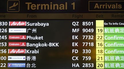 A l'a&eacute;roport de Singapour, un panneau indique, le 28 d&eacute;cembre 2014, aux personnes attendant le vol QZ8501 d'AirAsia de se renseigner au comptoir. (EDGAR SU / REUTERS)