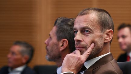 Le président de l'UEFA,  Aleksander Ceferin, lors du tirage au sort de la Ligue des champions, le 7 novembre 2022. (FABRICE COFFRINI / AFP)