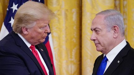 Donald Trump et le Premier ministre israélien Benjamin Netanyahou lors de l'annonce du "plan de paix" américain pour le Proche-Orient. (MANDEL NGAN / AFP)