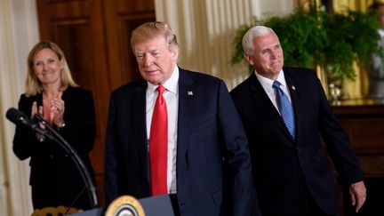 Le président américain Donald Trump lors d'une réunion consacrée à l'espace à la Maison Blanche, le 18 juin 2018. (BRENDAN SMIALOWSKI / AFP)