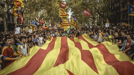 La vague de joie des indépendantistes catalans, ici le jour de la proclamation, vendredi 27 octobre, est&nbsp;reçue avec prudence, voire inquiétude, côté français, dans la région de Perpignan. (MAXPPP)