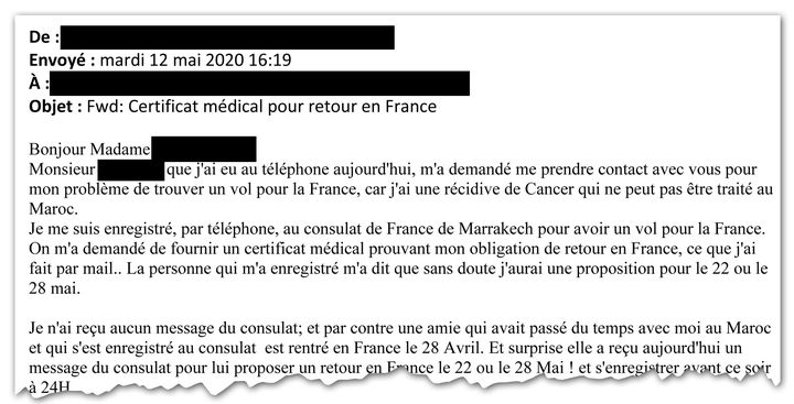 "Je n'ai reçu aucun message du consulat" : dans ce mail, des Français bloqués au Maroc expriment leur mécontentement. (CELLULE INVESTIGATION DE RADIO FRANCE)