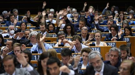 Les eurodéputés prennent part au vote sur la taxe carbone aux frontières, lors d'une session au Parlement européen à Bruxelles, le 22 juin 2022. (JOHN THYS / AFP)