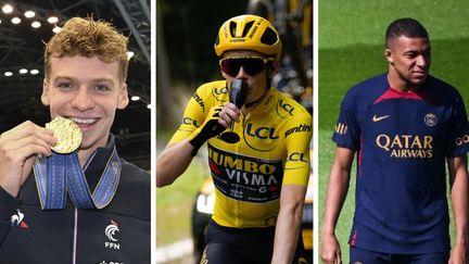 Léon Marchand, Jonas Vingegaard et Kylian Mbappé. (AFP)