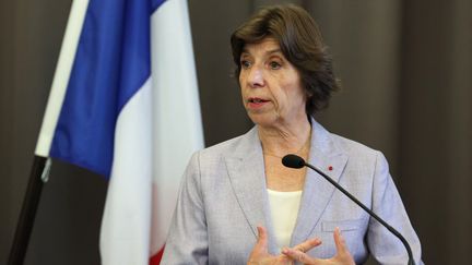 La ministre des Affaires étrangères, Catherine Colonna, lors d'une conférence de presse à Lauterbourg (Bas-Rhin), le 21 juillet 2023. (FREDERICK FLORIN / AFP)