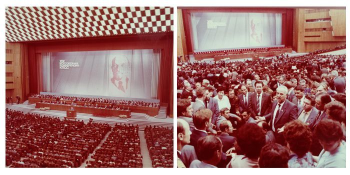 XIXème Conférence PCUS, juin 1988 &quot;Discussion animée pendant la pause&quot;, légende originale
 (Y. Lizounov et A. Choumichev / Tass/ Coll. BDIC, Fonds France-URSS)