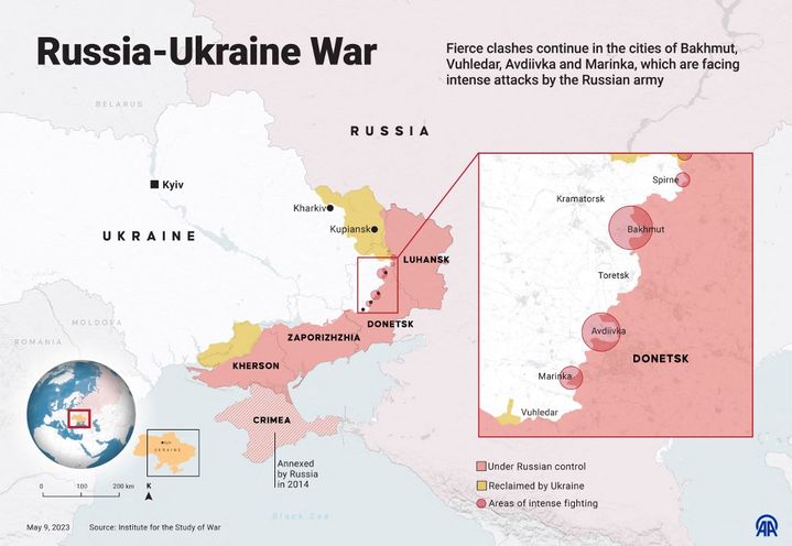 Carte illustrant les zones de combat stratégiques dans l'oblast de Donetsk, Ukraine, le 9 mai 2023. (AGENCE YASIN DEMIRCI / ANADOLU)