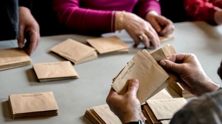 Des volontaires comptent les bulletins de vote apr&egrave;s le second tour des &eacute;lections d&eacute;partementales &agrave; Valence (Rh&ocirc;ne), le 29 mars 2015. (JEAN-PHILIPPE KSIAZEK / AFP)