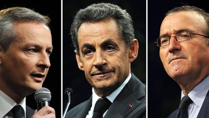 Bruno Le Maire, Nicolas Sarkozy et Herv&eacute; Mariton sont candidats &agrave; l'&eacute;lection pour la pr&eacute;sidence de l'UMP, dont le premier tour se d&eacute;roule samedi 29 novembre 2014. (DOMINIQUE FAGET / AFP)