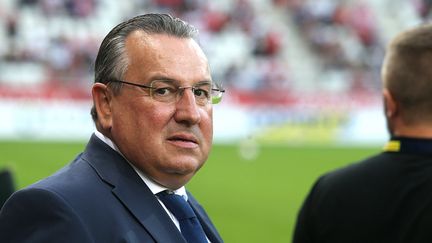 Jean-Pierre Caillot, le président du Stade de Reims, lors du match de Ligue 1 Reims-Lyon, le 17 août 2018. (FRANCOIS NASCIMBENI / AFP)