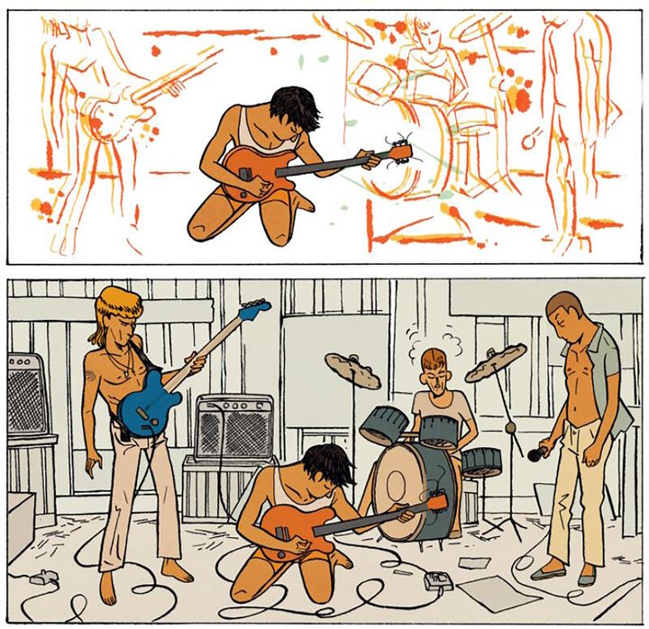 Mimmo, concentré sur sa guitare, et son groupe dans la bande dessinée "Maltempo" de l'auteur Alfred. (EDITIONS DELCOURT)