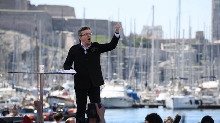 Jean-Luc Melenchon lors de son meeting sur le Vieux-port à Marseille, le 9 avril 2017. (ANNE-CHRISTINE POUJOULAT / AFP)